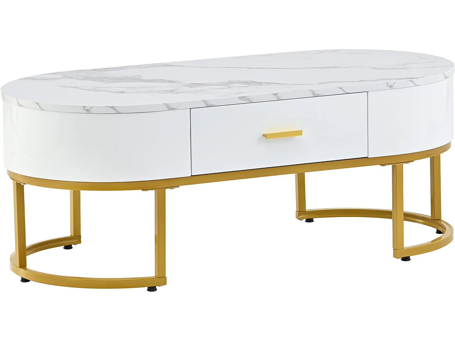 Set aus 2 modernen skandinavischen Satztischen mit Schublade – Marmormuster – glänzendes Aussehen – Weiß und Gold