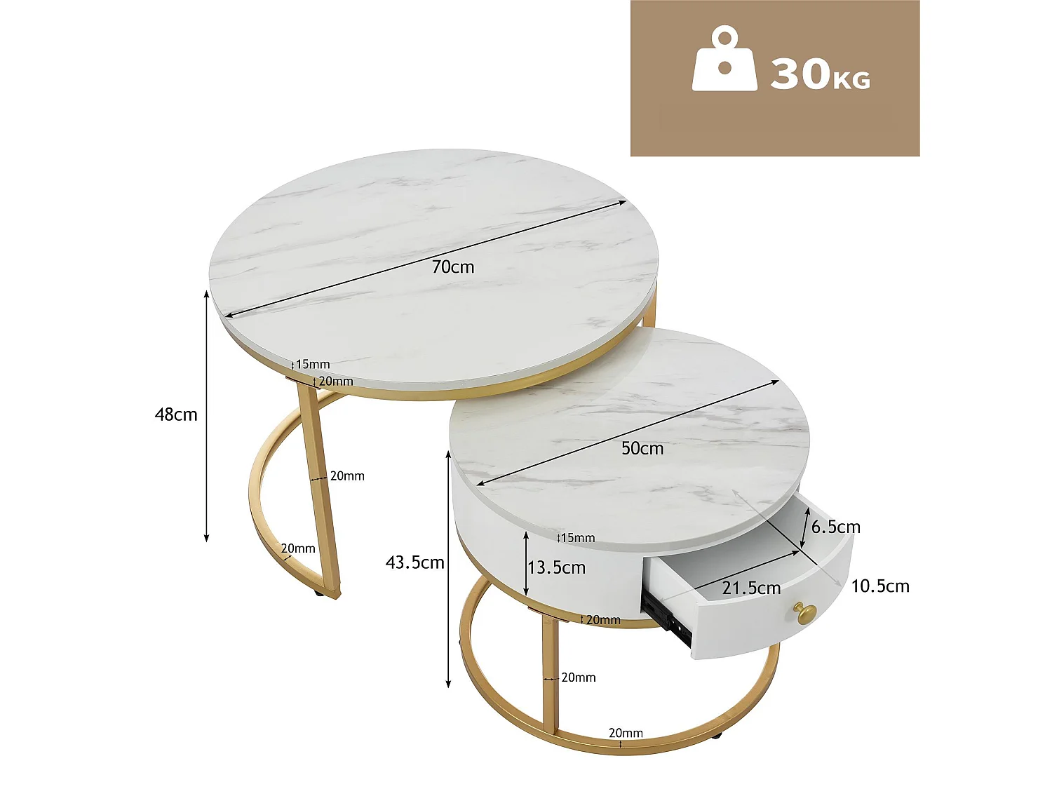 Set aus 2 Satztischen mit Schublade – Furnier mit Marmormuster – glänzende Optik – Weiß