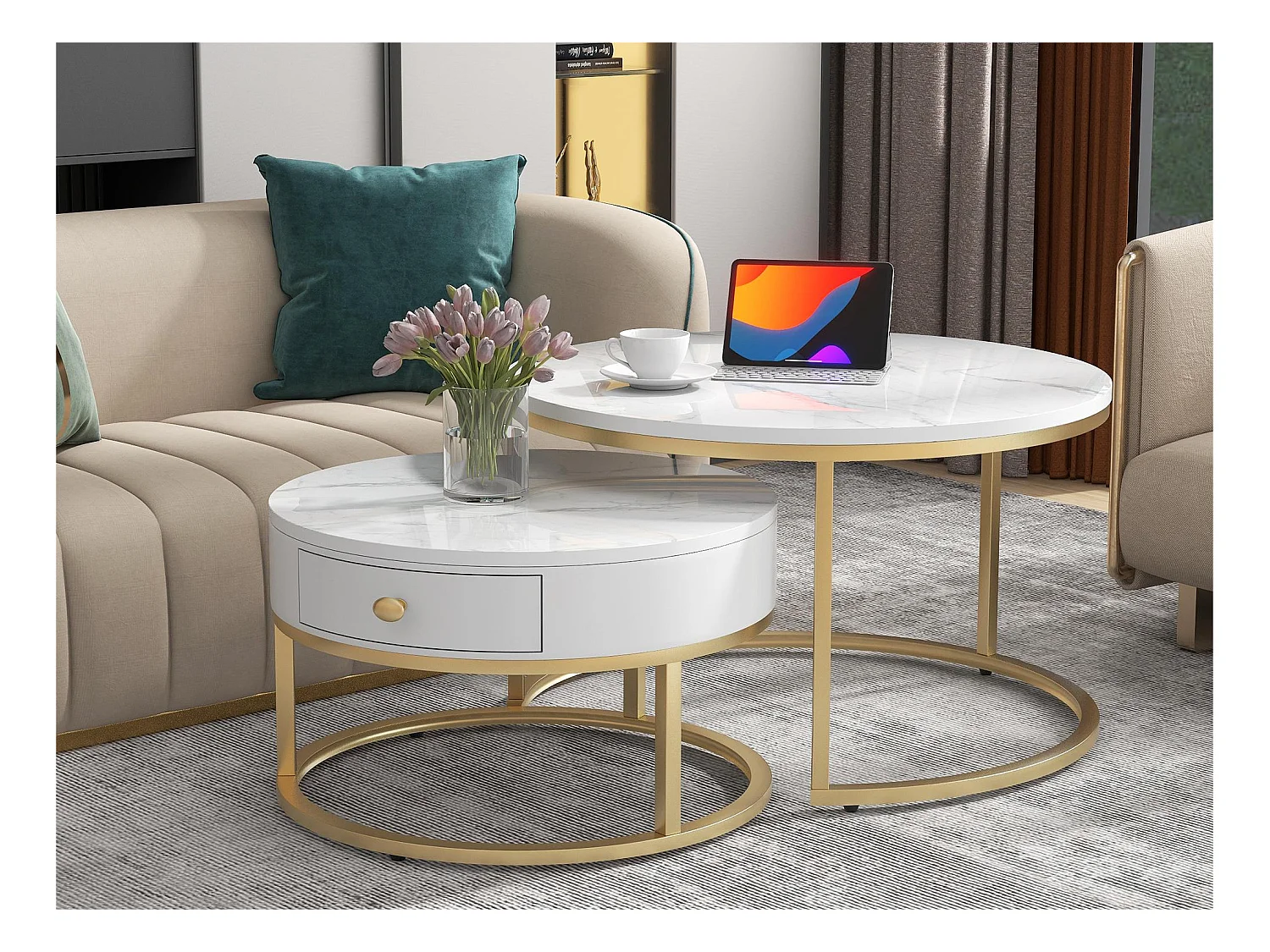 Lot de 2 tables gigognes avec tiroir - placage à motif de marbre - aspect brillant - Blanc