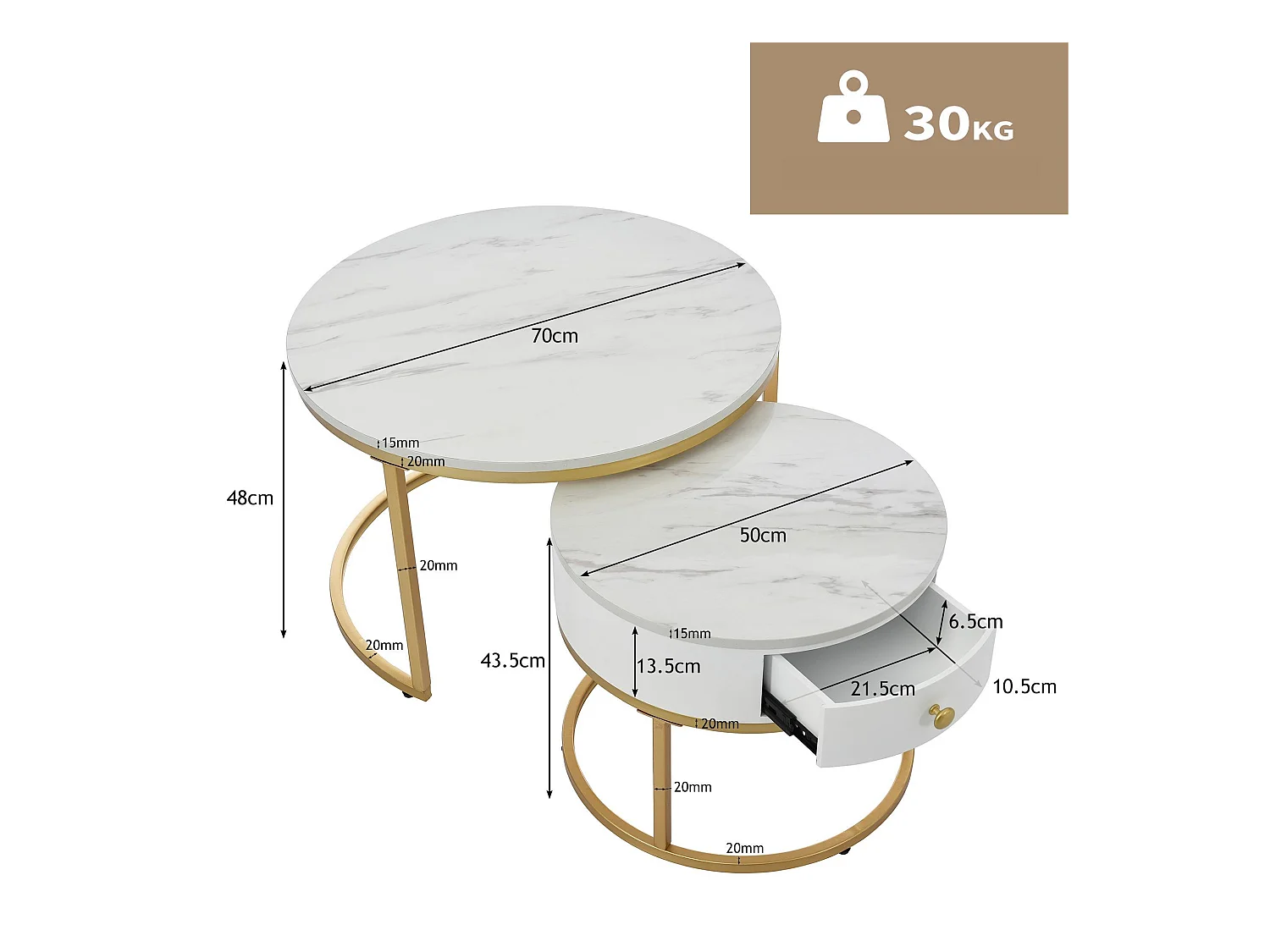 Set van 2 bijzettafels met lade - marmerpatroon fineer - glanzende look - Wit