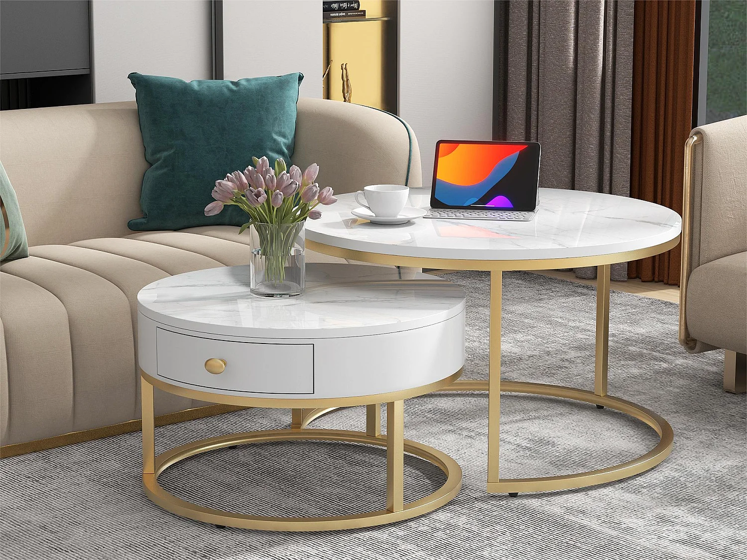 Set aus 2 Satztischen mit Schublade – Furnier mit Marmormuster – glänzende Optik – Weiß