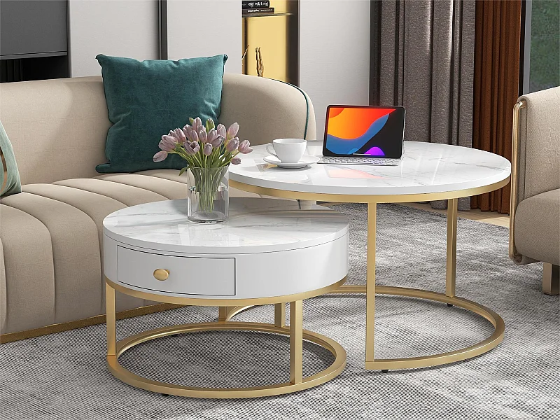 Lot de 2 tables gigognes avec tiroir - placage à motif de marbre - aspect brillant - Blanc