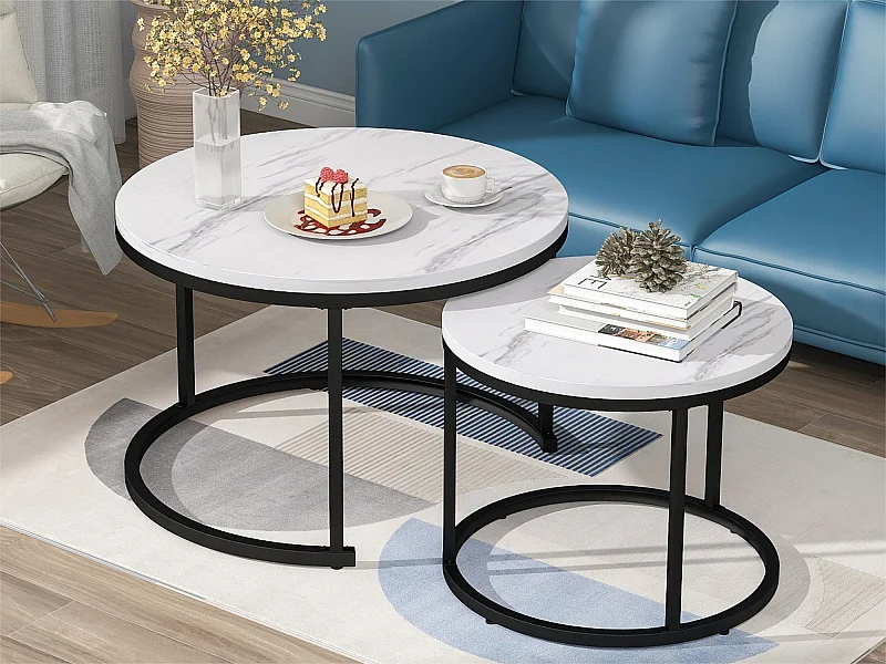 Couchtisch 2er-Set – Industriestil – Marmoroptik – Weiß