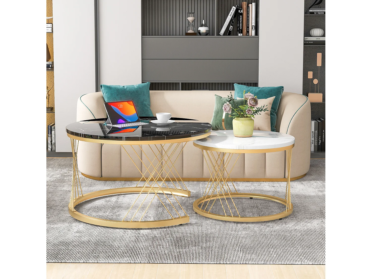 Lot de 2 tables gigognes - placage à motif de marbre - structure en métal - Noir