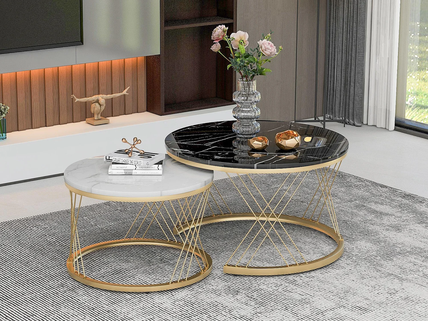 Set van 2 Bijzettafels - fineer met marmerpatroon - metalen structuur - Zwart