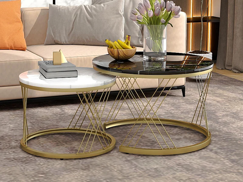 Set di 2 tavolini impilabili - impiallacciatura con motivo marmo - struttura in metallo - Nero