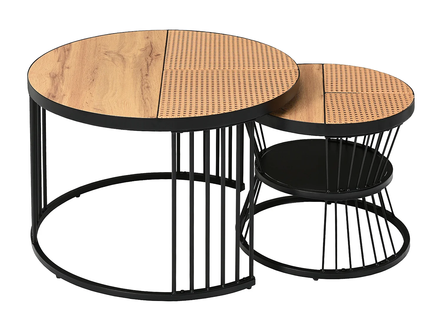 Set van 2 in elkaar schuivende salontafels - landelijke stijl - rotan fineer - Naturel & Zwart