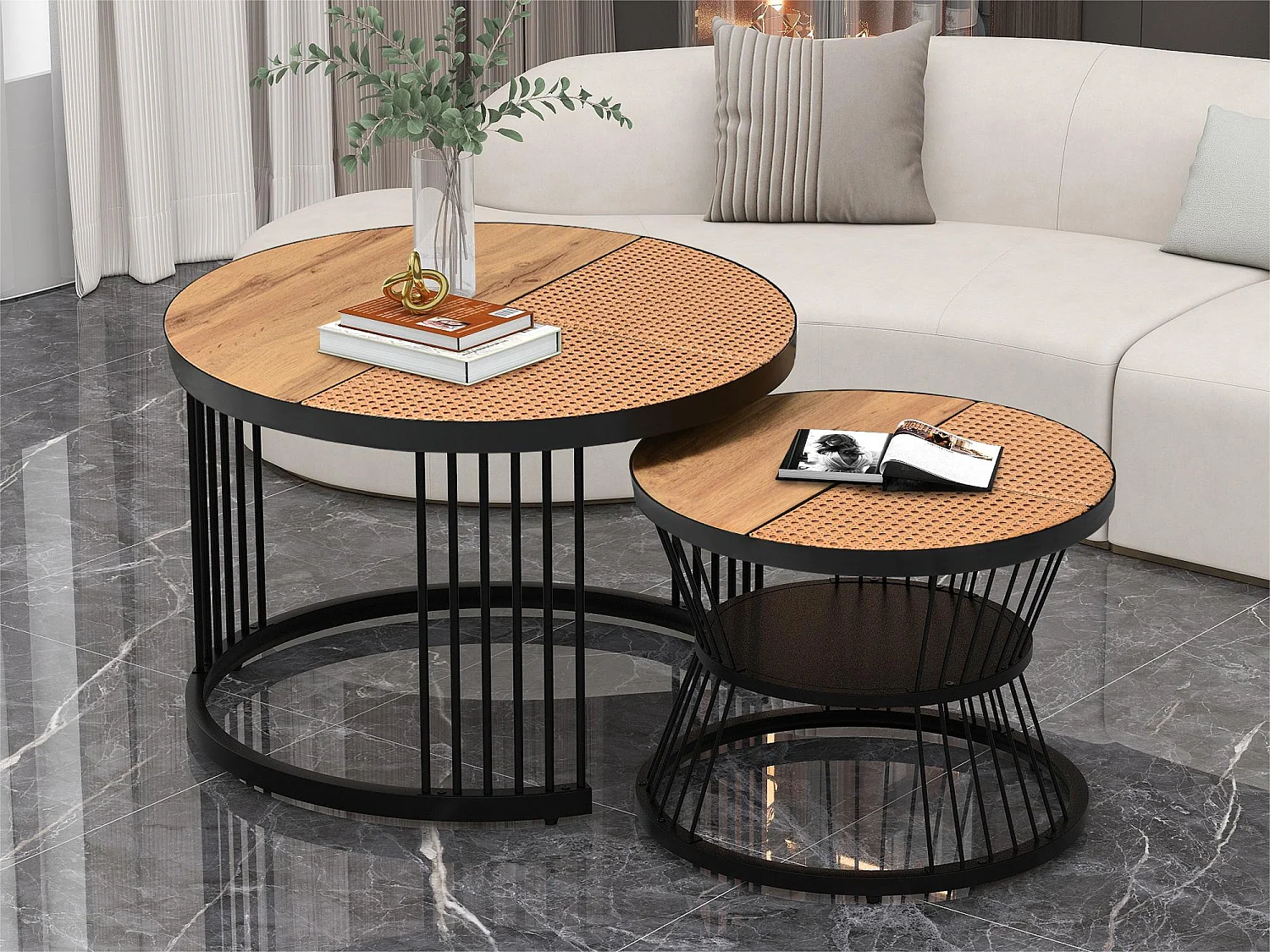 Lot de 2 tables basses gigognes - style campagnard - placage de rotin - Naturel & Noir