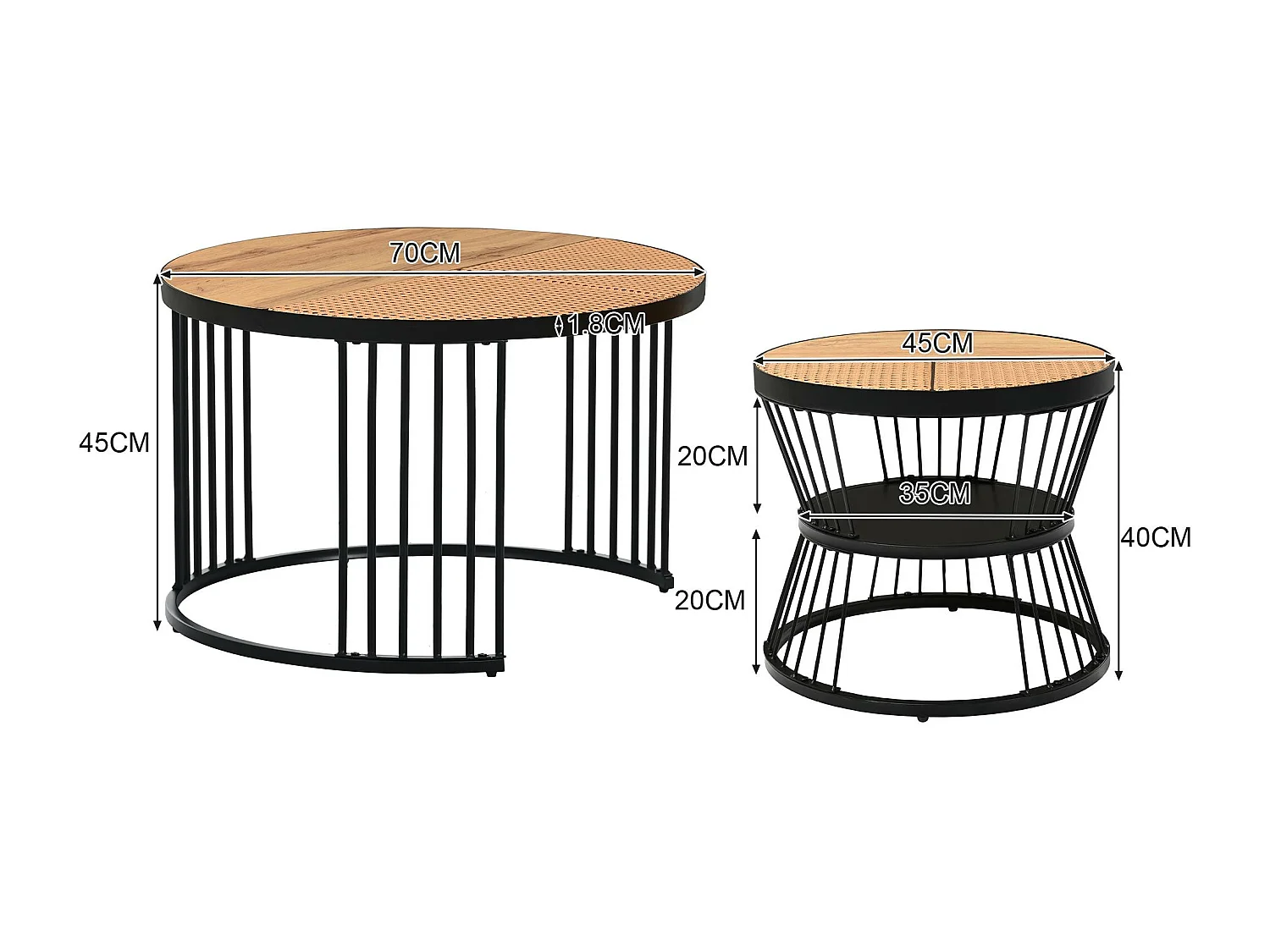 Lot de 2 tables basses gigognes - style campagnard - placage de rotin - Naturel & Noir