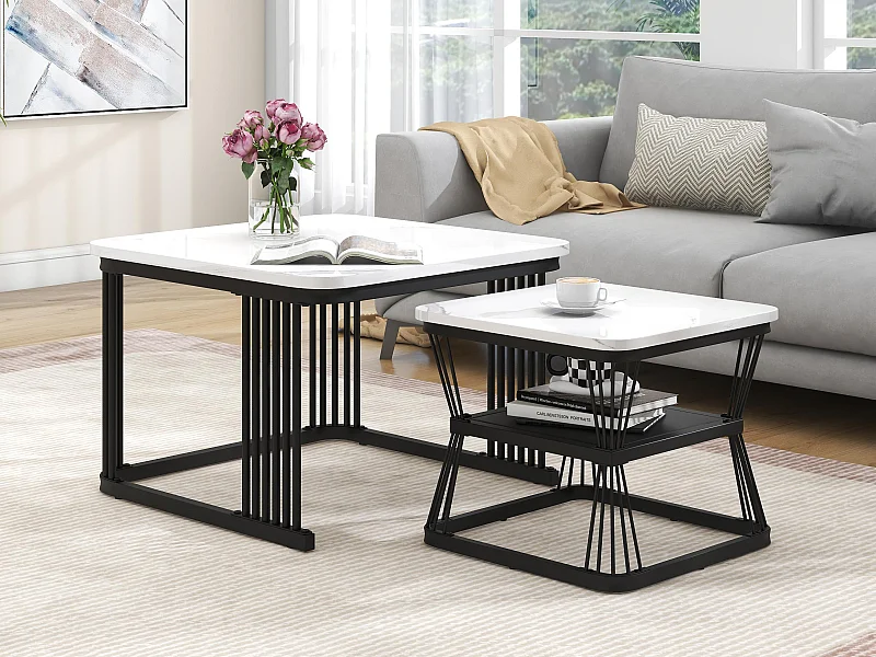 Satztische, 2er-Set - MDF-Platte mit Marmormuster - Stahlgestell - Schwarz