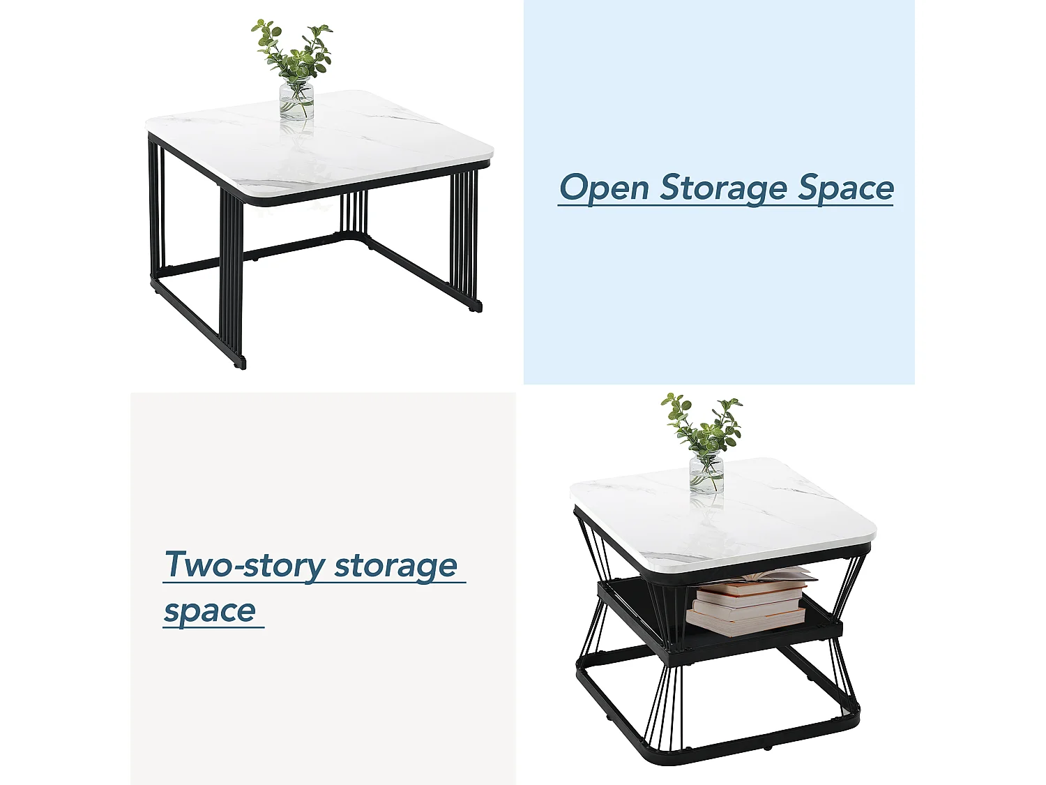 Set van 2 bijzettafels - blad van MDF met marmermotief - stalen frame - Zwart