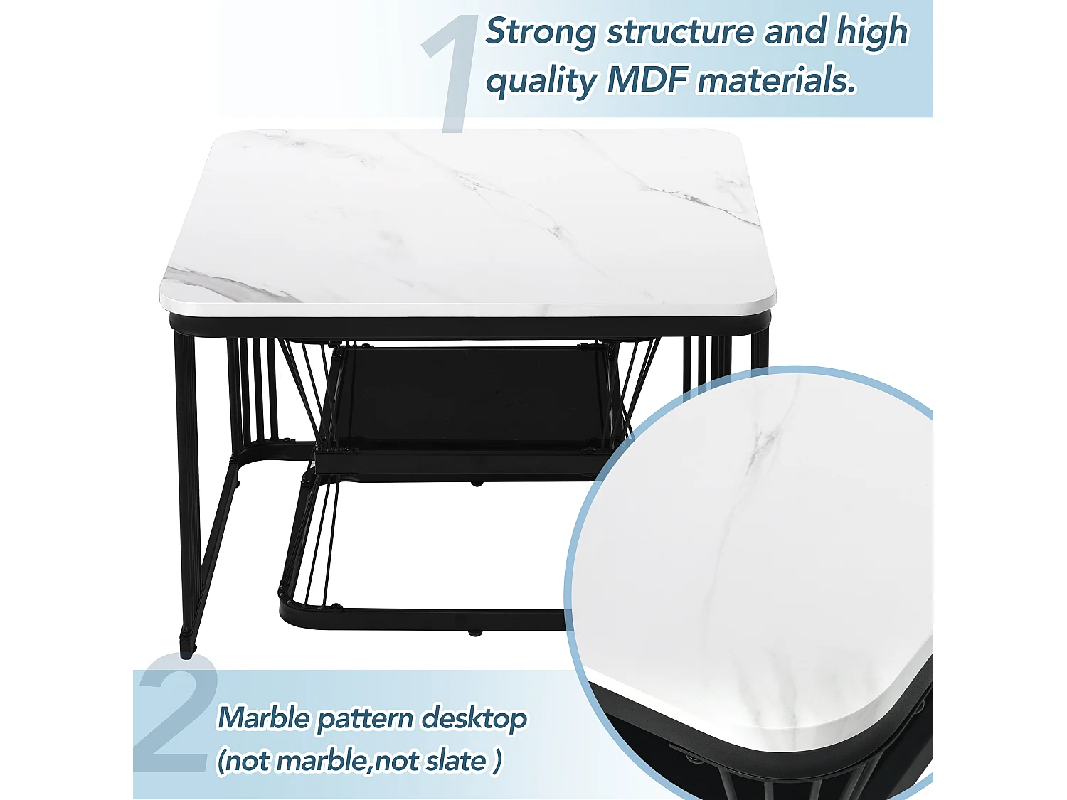 Set van 2 bijzettafels - blad van MDF met marmermotief - stalen frame - Zwart