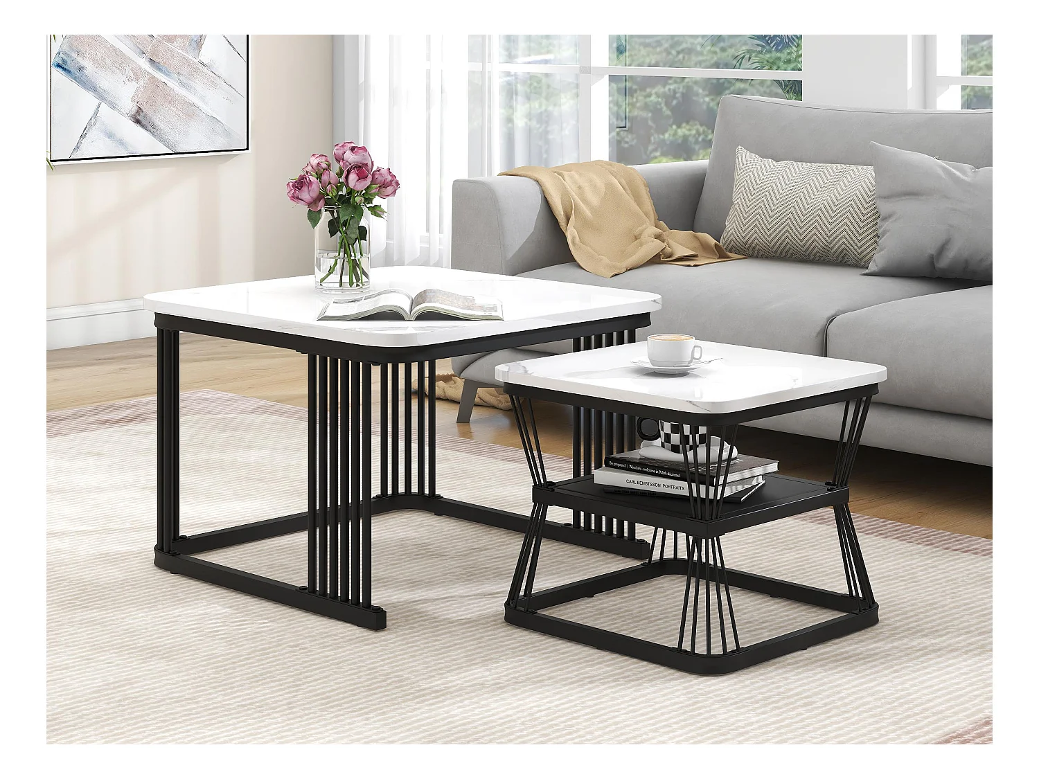 Lot de 2 tables gigognes - plateau en MDF à motif de marbre - structure en acier - Noir