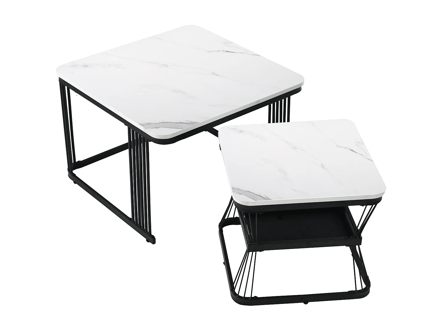 Lot de 2 tables gigognes - plateau en MDF à motif de marbre - structure en acier - Noir