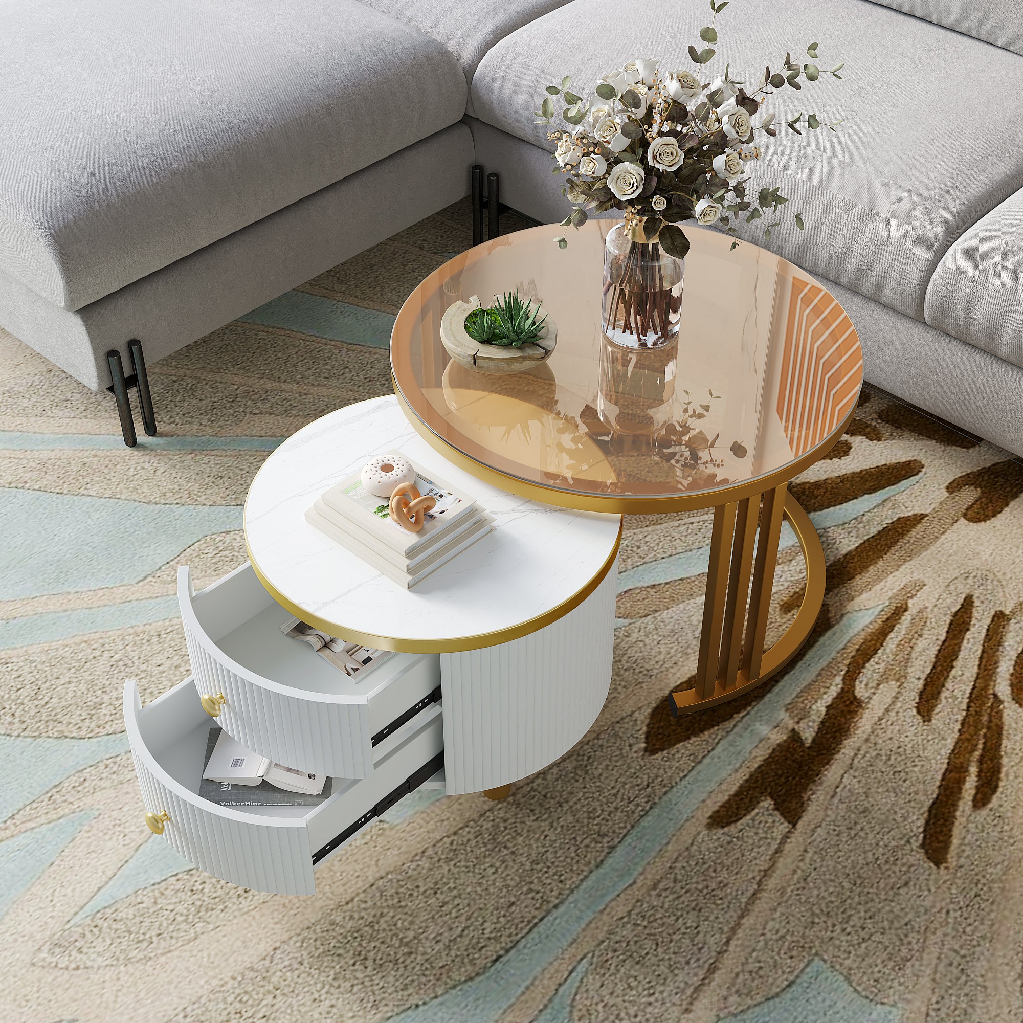 Set Mobili Soggiorno Moderno Con Vetro Temperato E Dettagli Oro - Tavolino, Mobile TV E Cassetti - Foto 3