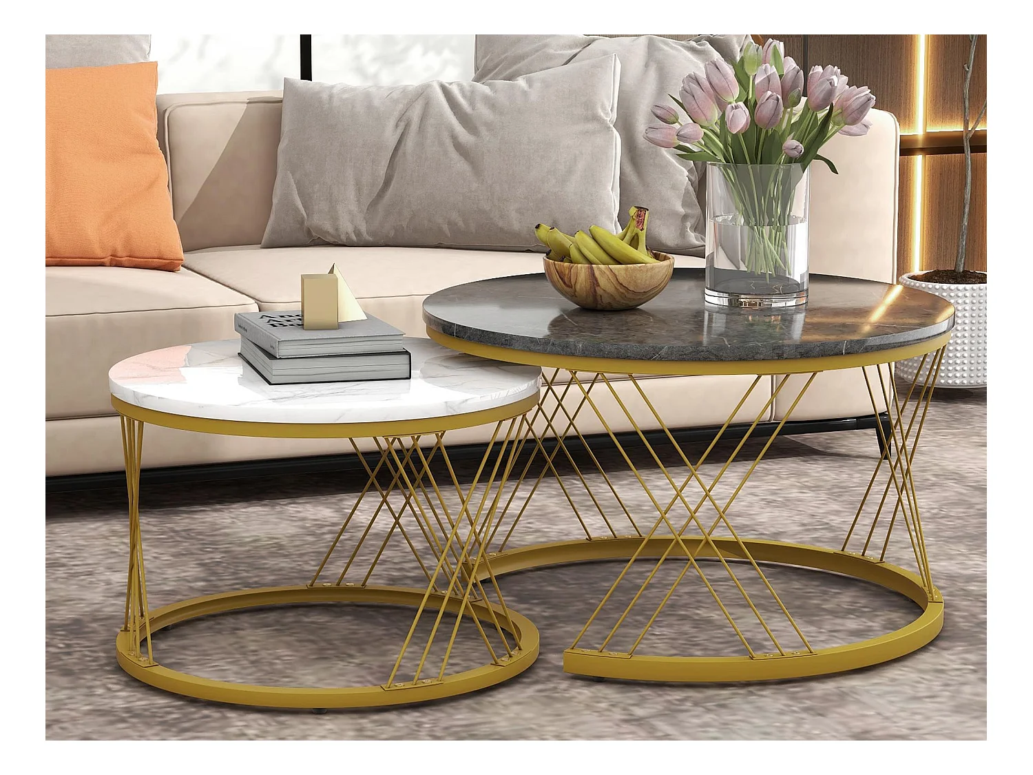 Lot de 2 tables gigognes - placage à motif de marbre - structure en métal - Gris