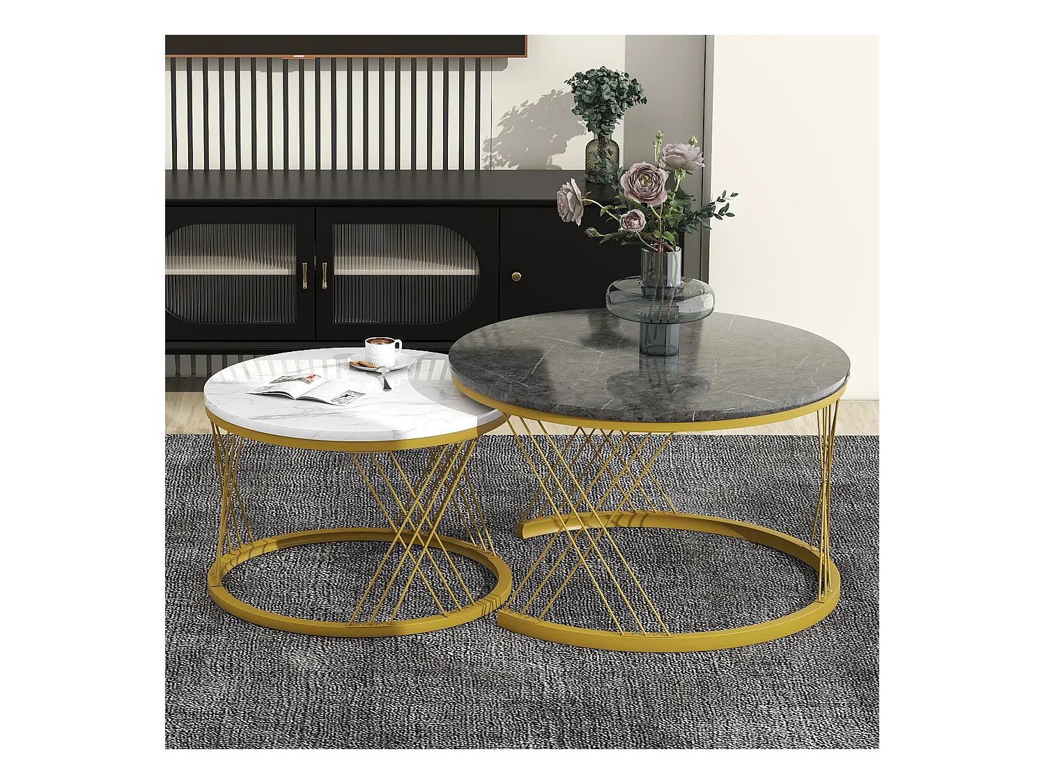 Lot de 2 tables gigognes - placage à motif de marbre - structure en métal - Gris