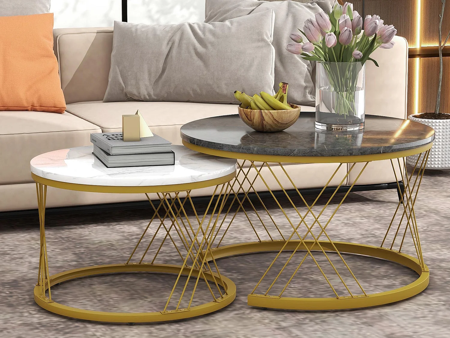 Lot de 2 tables gigognes - placage à motif de marbre - structure en métal - Gris