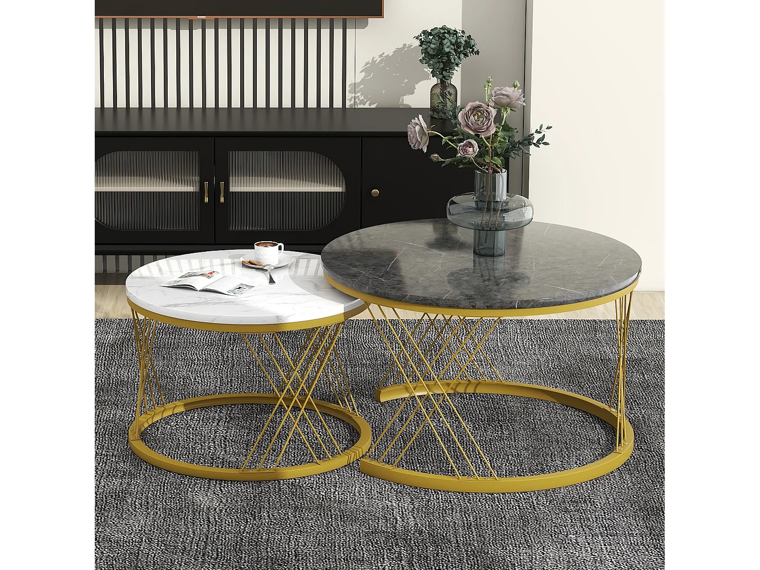 Lot de 2 tables gigognes - placage à motif de marbre - structure en métal - Gris