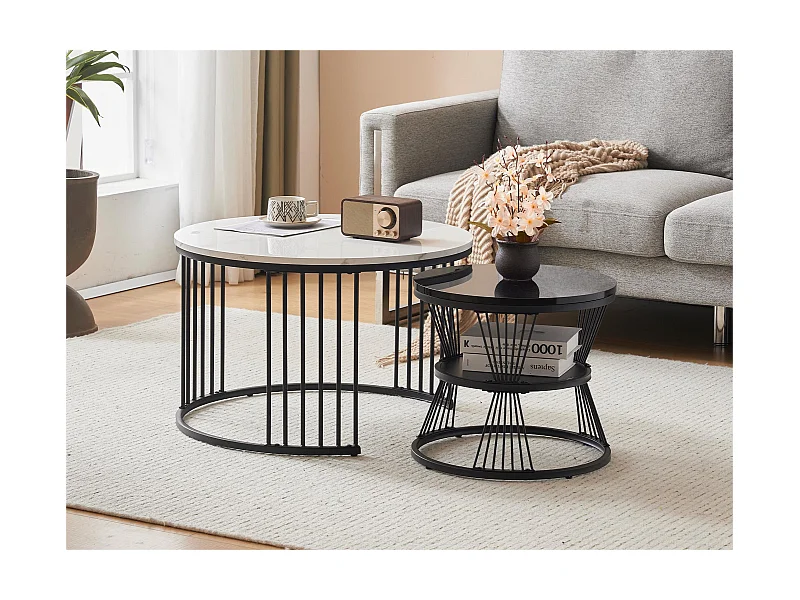 Juego de 2 mesas de centro nido - Estilo escandinavo - Chapado con motivos de mármol - Negro