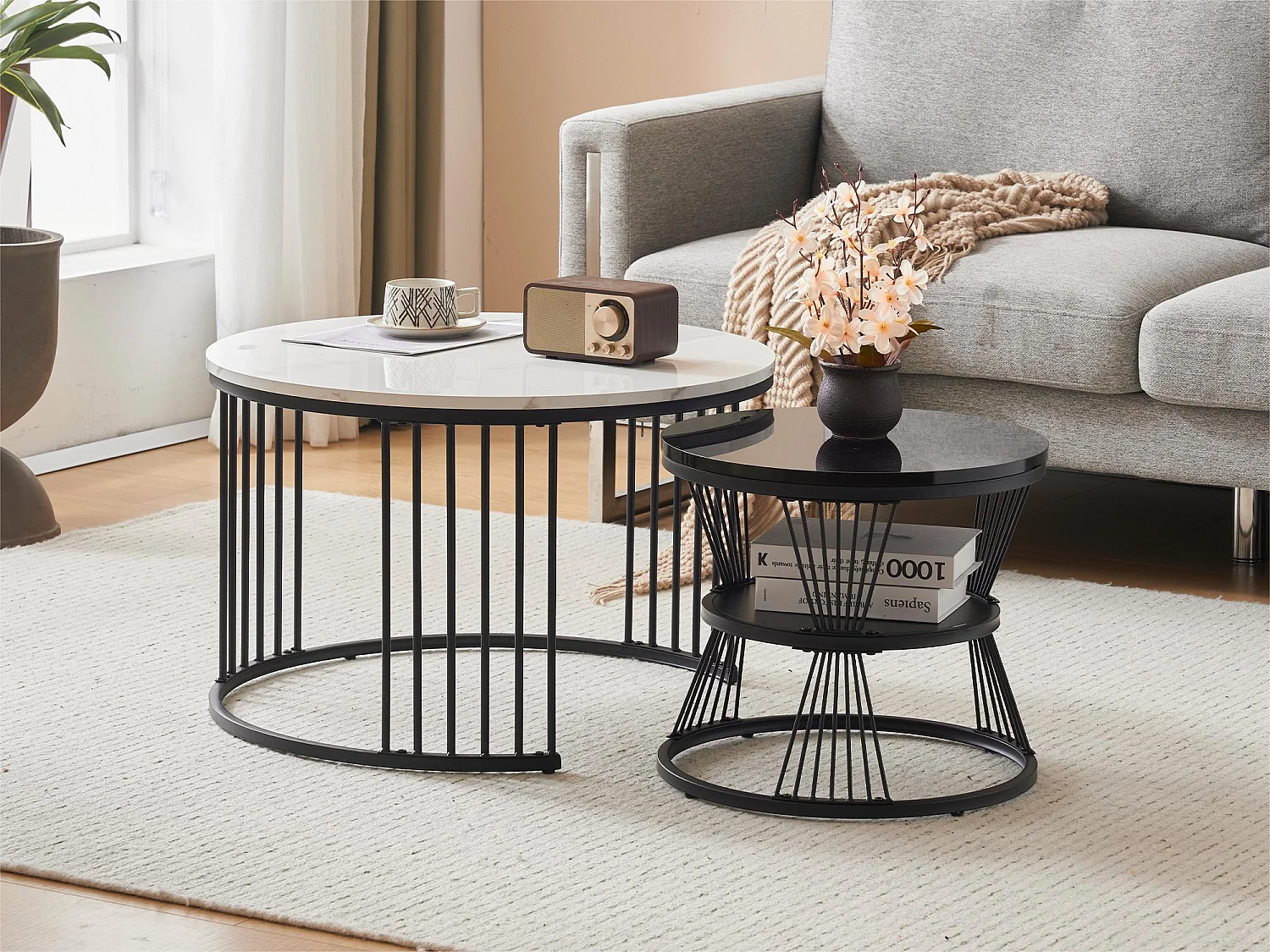 Lot de 2 tables basses gigognes - style scandinave - placage à motif de marbre - Noir