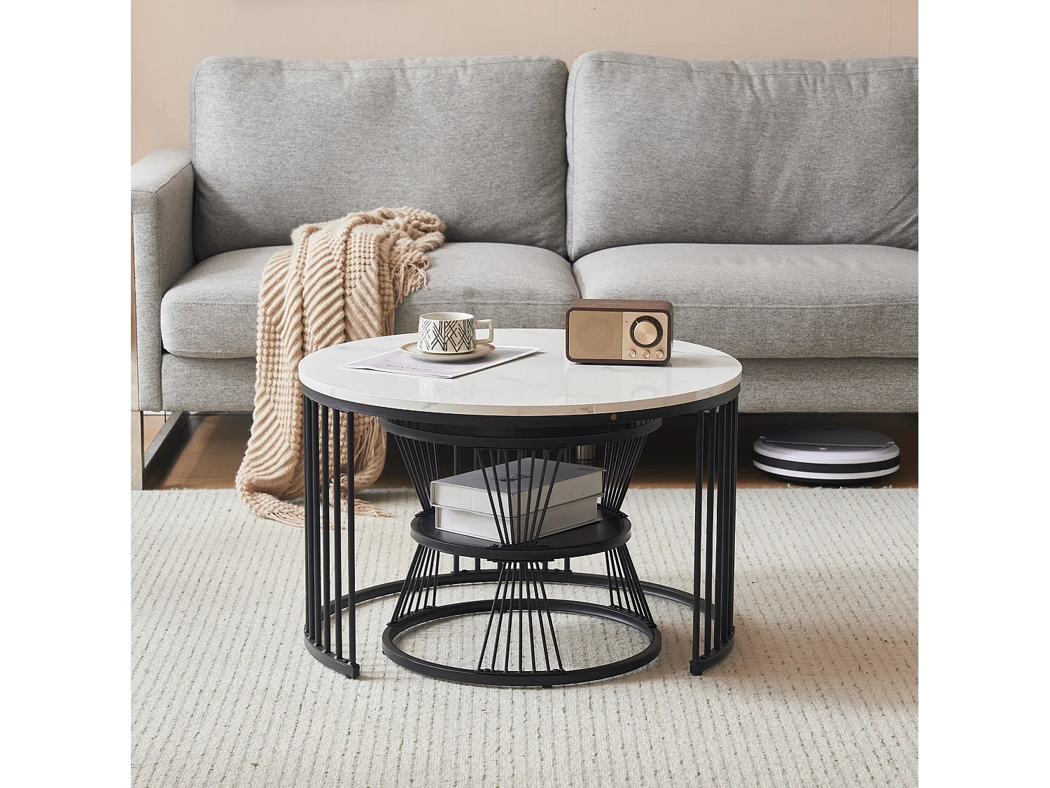 Lot de 2 tables basses gigognes - style scandinave - placage à motif de marbre - Noir