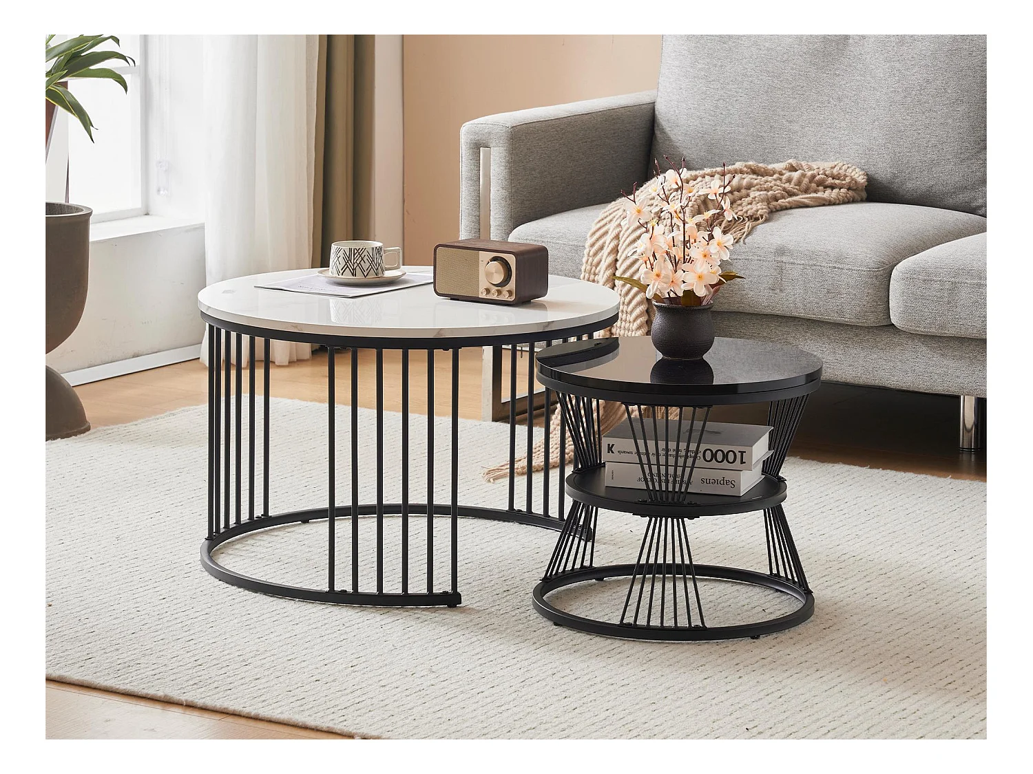 Lot de 2 tables basses gigognes - style scandinave - placage à motif de marbre - Noir