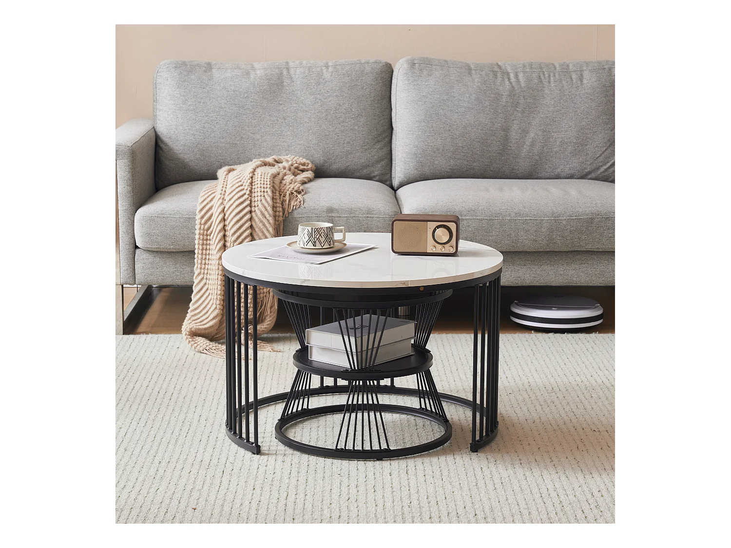 Set van 2 in elkaar schuivende salontafels - Scandinavische stijl - fineer met marmerpatroon - Zwart