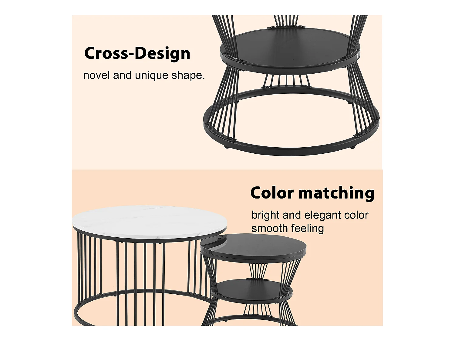 Set van 2 in elkaar schuivende salontafels - Scandinavische stijl - fineer met marmerpatroon - Zwart