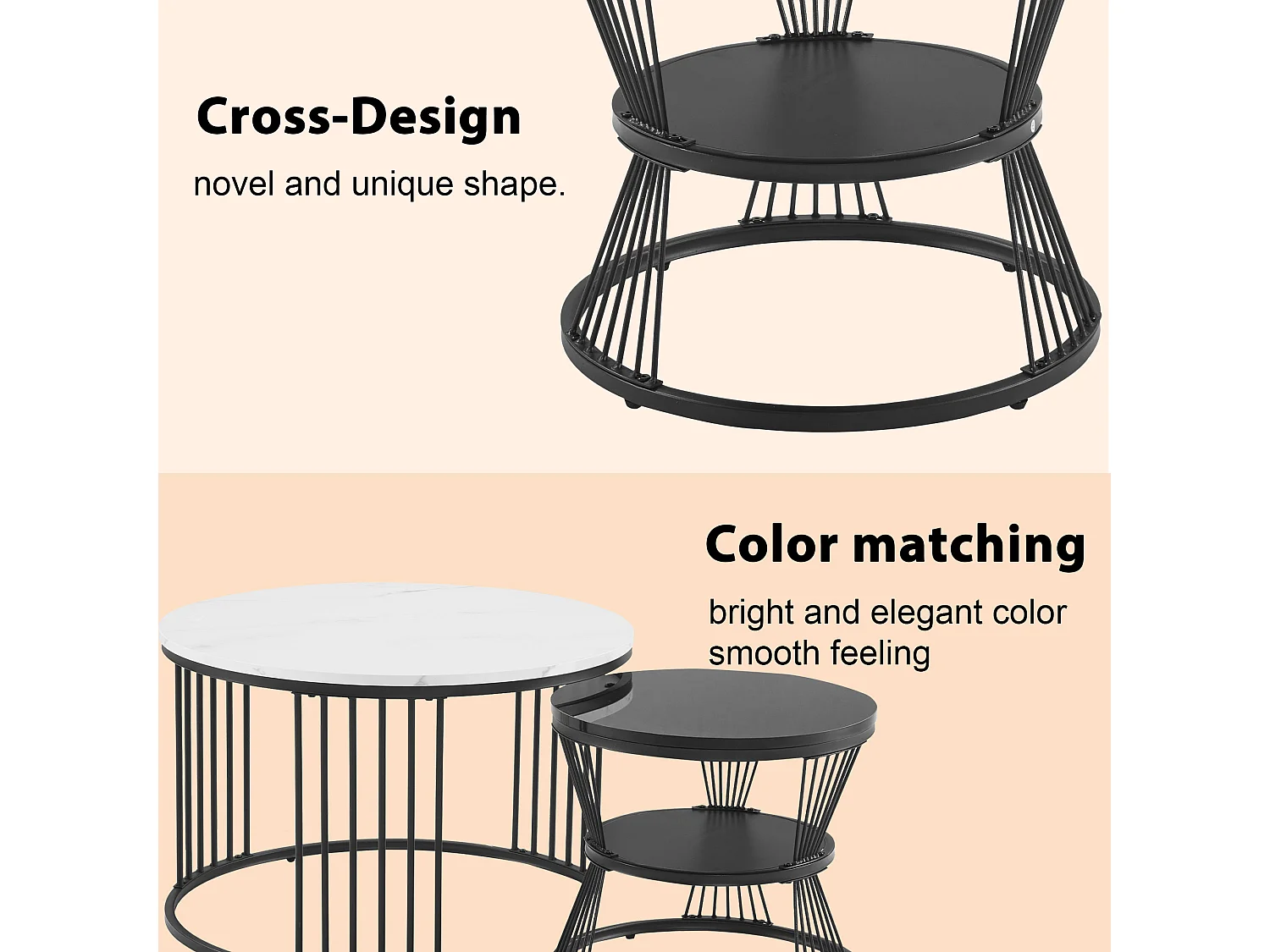 Lot de 2 tables basses gigognes - style scandinave - placage à motif de marbre - Noir