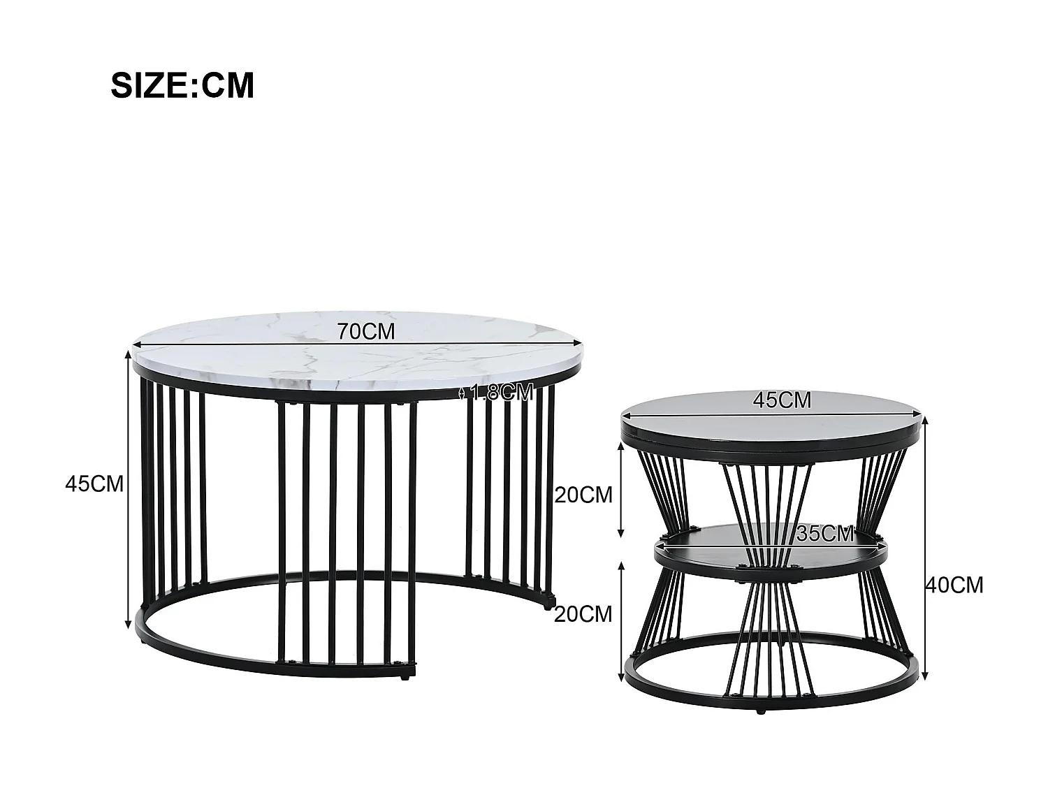 Lot de 2 tables basses gigognes - style scandinave - placage à motif de marbre - Noir