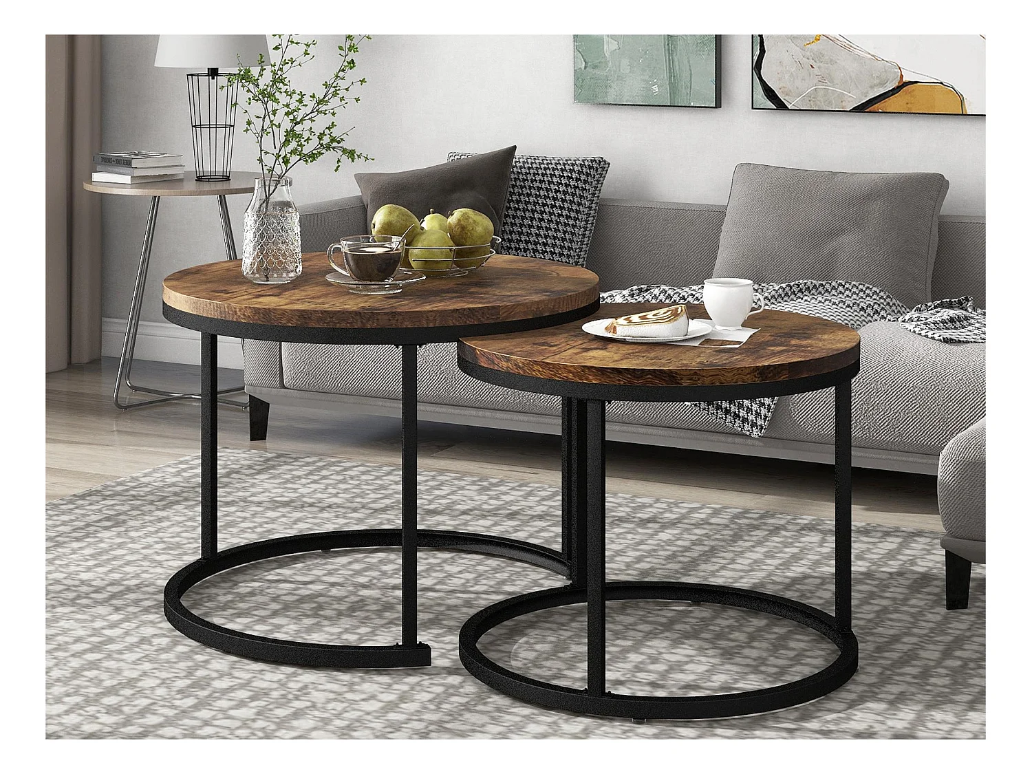 Lot de 2 tables basses gigognes - style industriel - aspect marbre - Marron foncé