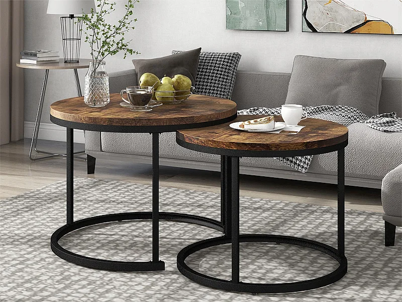 Set van 2 in elkaar schuivende salontafels - industriële stijl - marmerlook - Donkerbruin