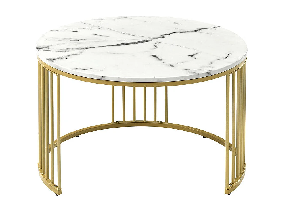 Set di 2 tavolini impilabili - impiallacciatura con motivo marmo e gambe in metallo - bianco e oro