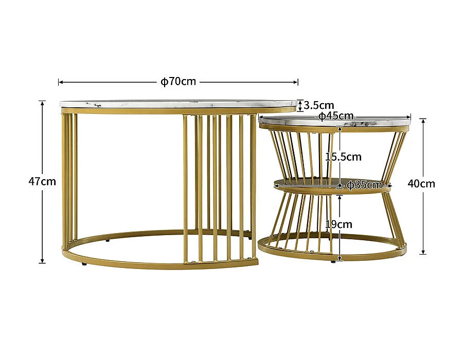 Set di 2 tavolini impilabili - impiallacciatura con motivo marmo e gambe in metallo - bianco e oro