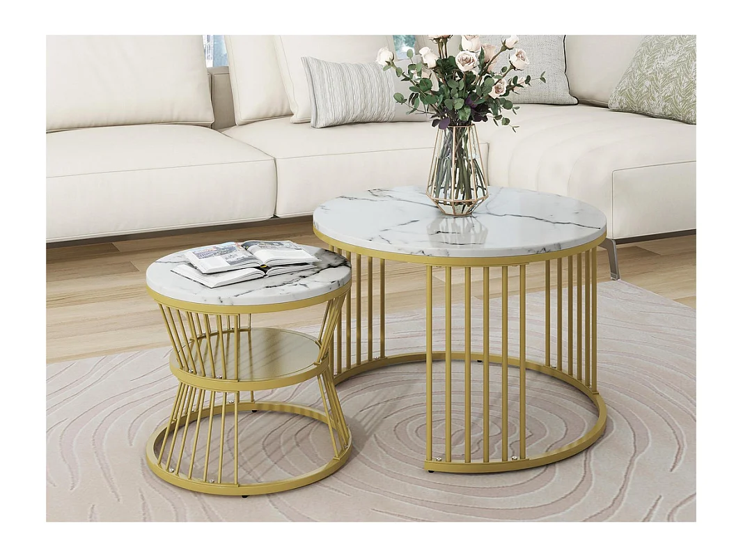 Lot de 2 tables gigognes - placage à motif de marbre et pieds en métal - Blanc & Doré