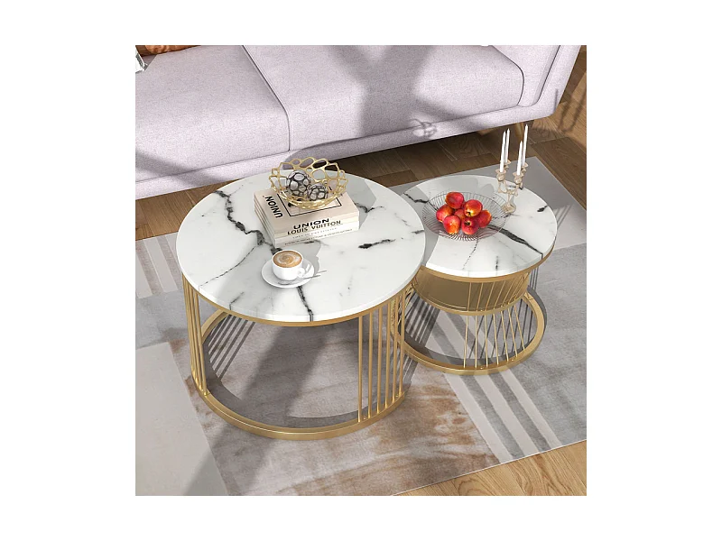 Set aus 2 Satztischen – Furnier mit Marmormuster und Metallbeinen – Weiß und Gold