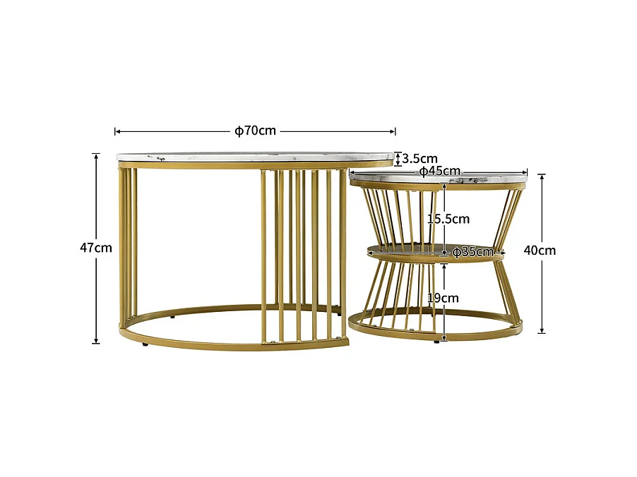 Set aus 2 Satztischen – Furnier mit Marmormuster und Metallbeinen – Weiß und Gold