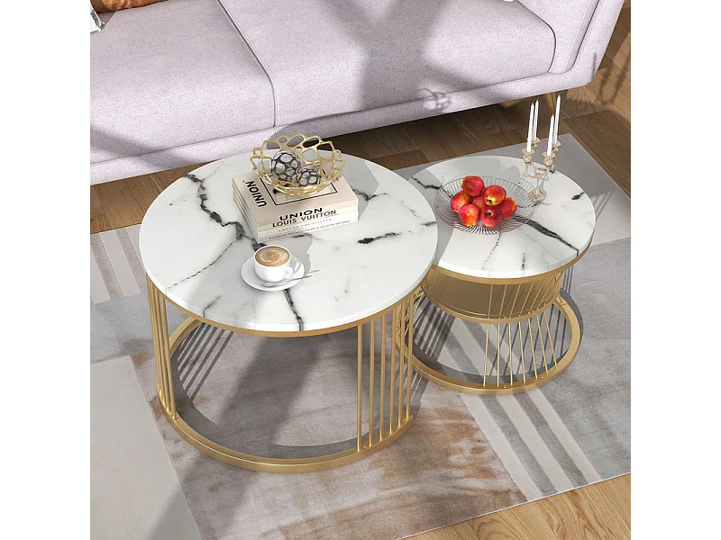 Lot de 2 tables gigognes - placage à motif de marbre et pieds en métal - Blanc & Doré