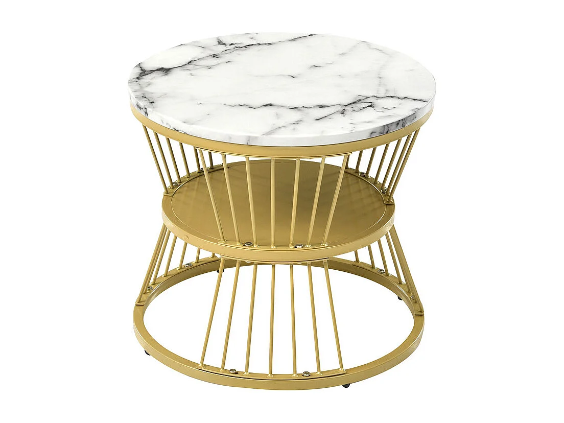 Lot de 2 tables gigognes - placage à motif de marbre et pieds en métal - Blanc & Doré