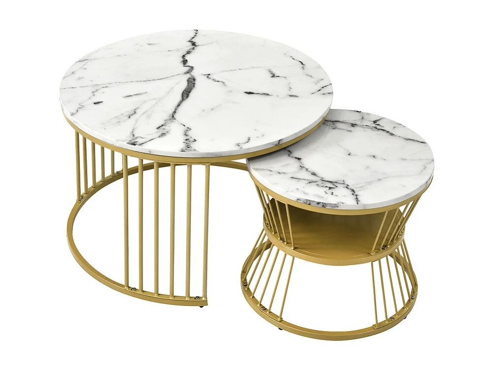 Lot de 2 tables gigognes - placage à motif de marbre et pieds en métal - Blanc & Doré