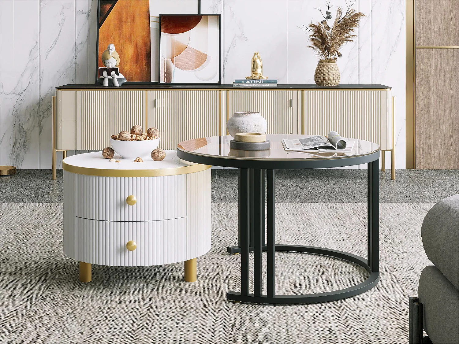 Lot de 2 tables basses gigognes avec 2 tiroirs - plateaux en verre trempé - Doré & Blanc