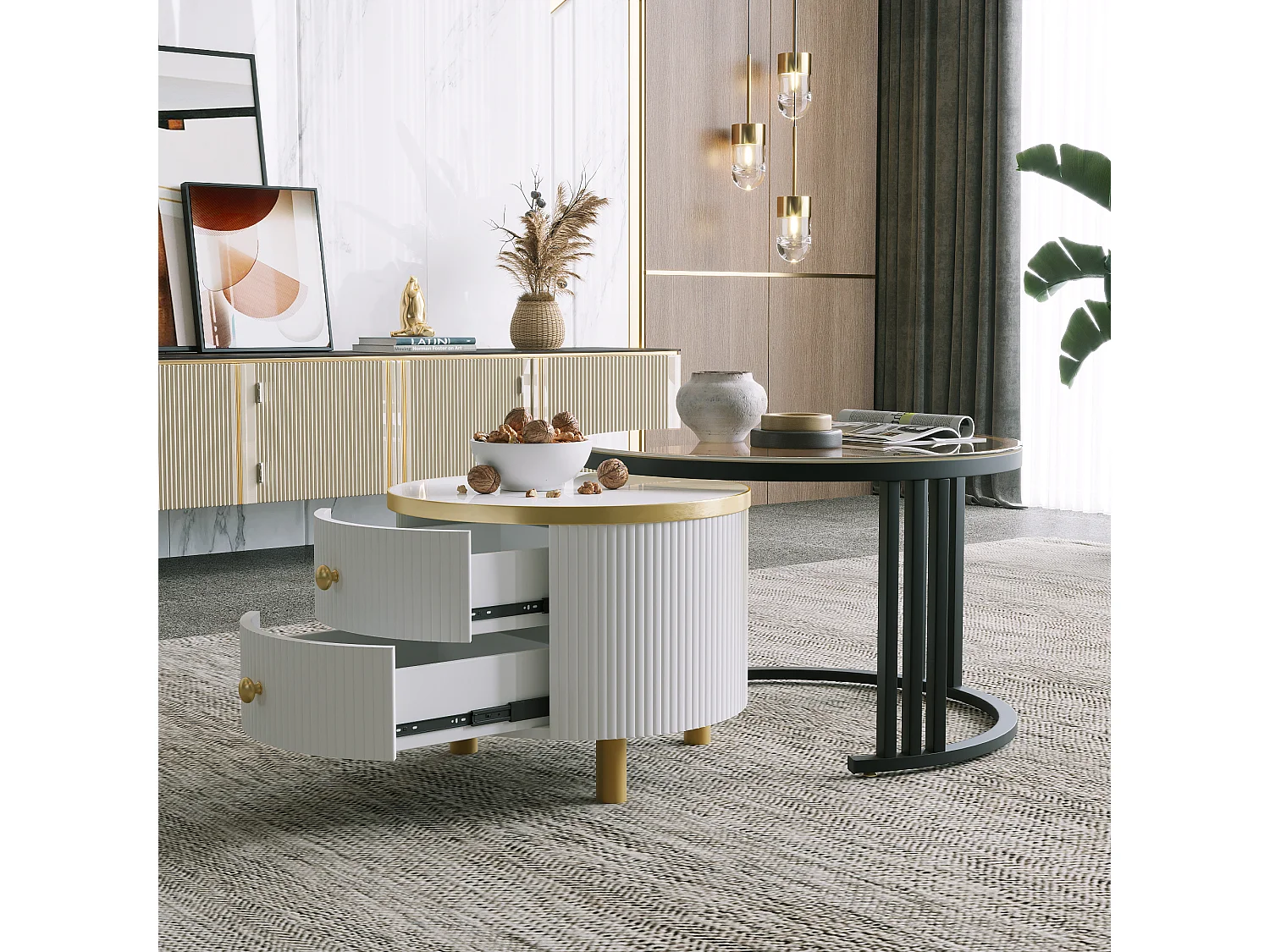 Lot de 2 tables basses gigognes avec 2 tiroirs - plateaux en verre trempé - Doré & Blanc