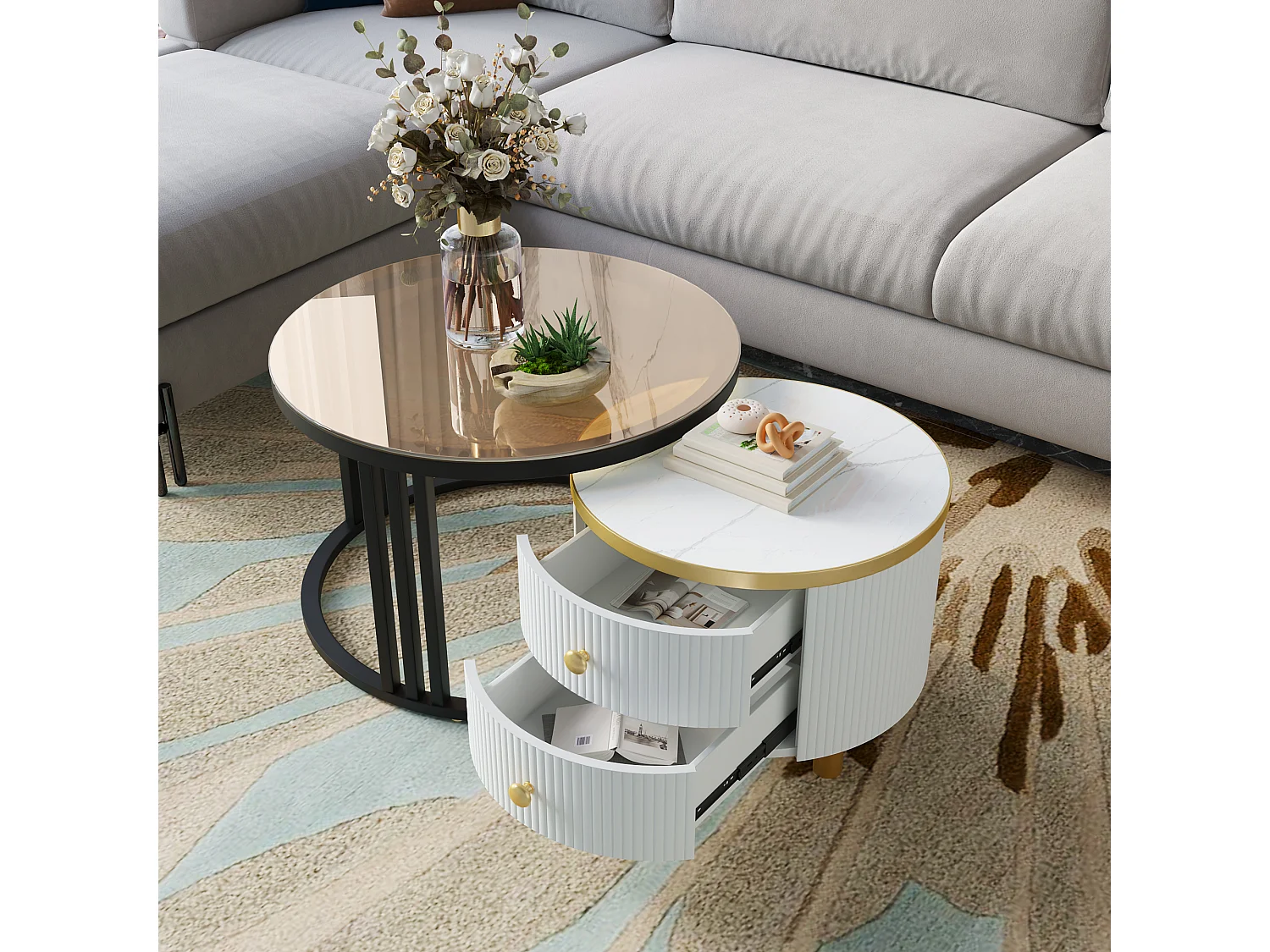 Lot de 2 tables basses gigognes avec 2 tiroirs - plateaux en verre trempé - Doré & Blanc