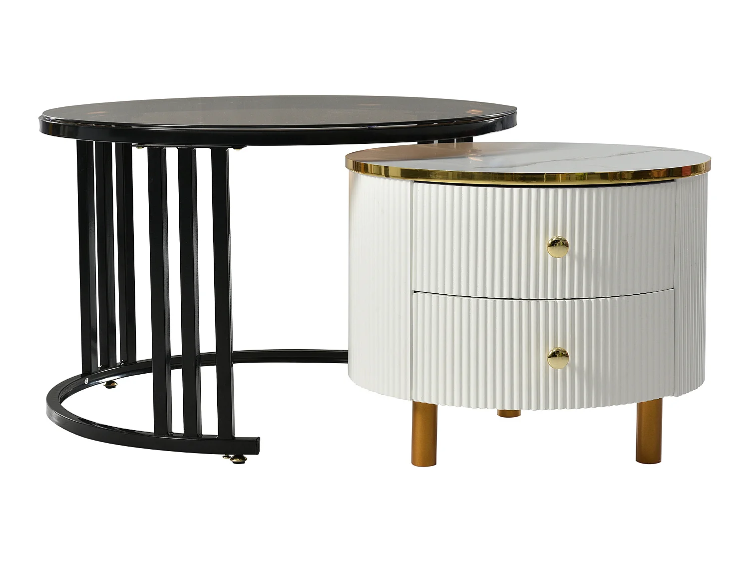 Lot de 2 tables basses gigognes avec 2 tiroirs - plateaux en verre trempé - Doré & Blanc