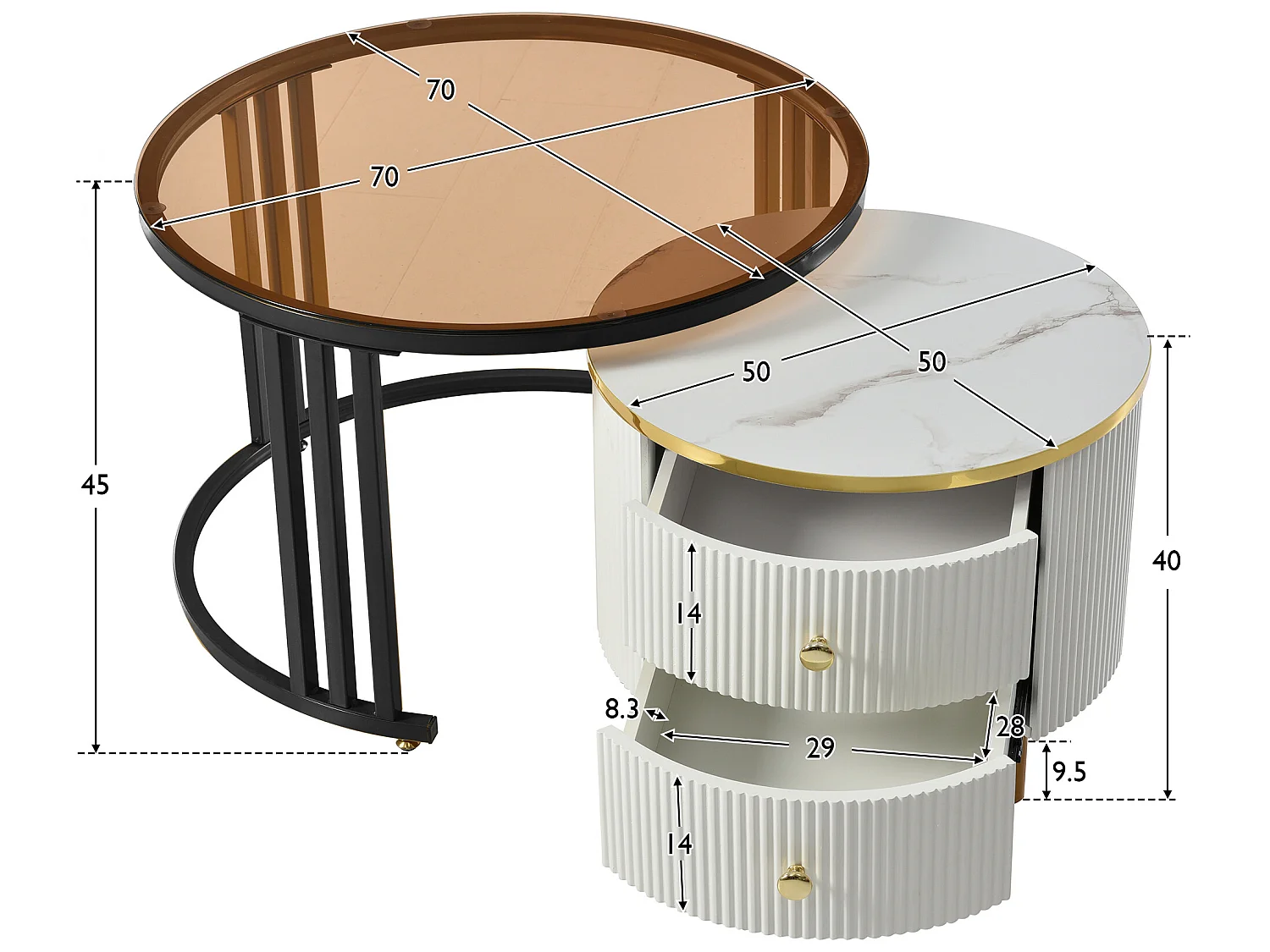 Lot de 2 tables basses gigognes avec 2 tiroirs - plateaux en verre trempé - Doré & Blanc