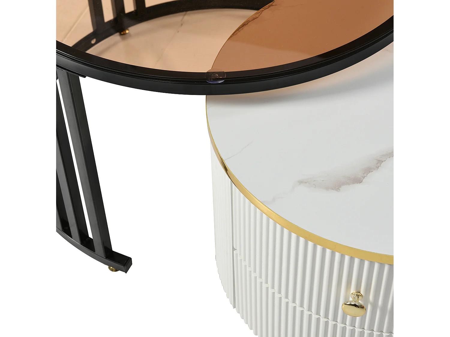 Lot de 2 tables basses gigognes avec 2 tiroirs - plateaux en verre trempé - Doré & Blanc