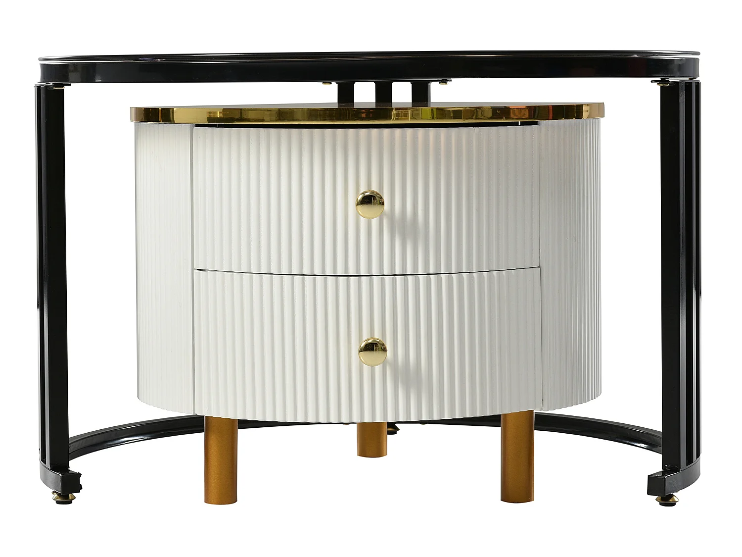 Lot de 2 tables basses gigognes avec 2 tiroirs - plateaux en verre trempé - Doré & Blanc