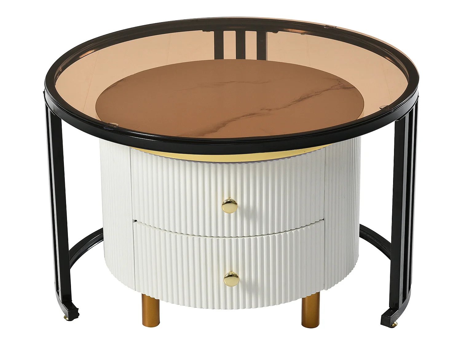 Lot de 2 tables basses gigognes avec 2 tiroirs - plateaux en verre trempé - Doré & Blanc