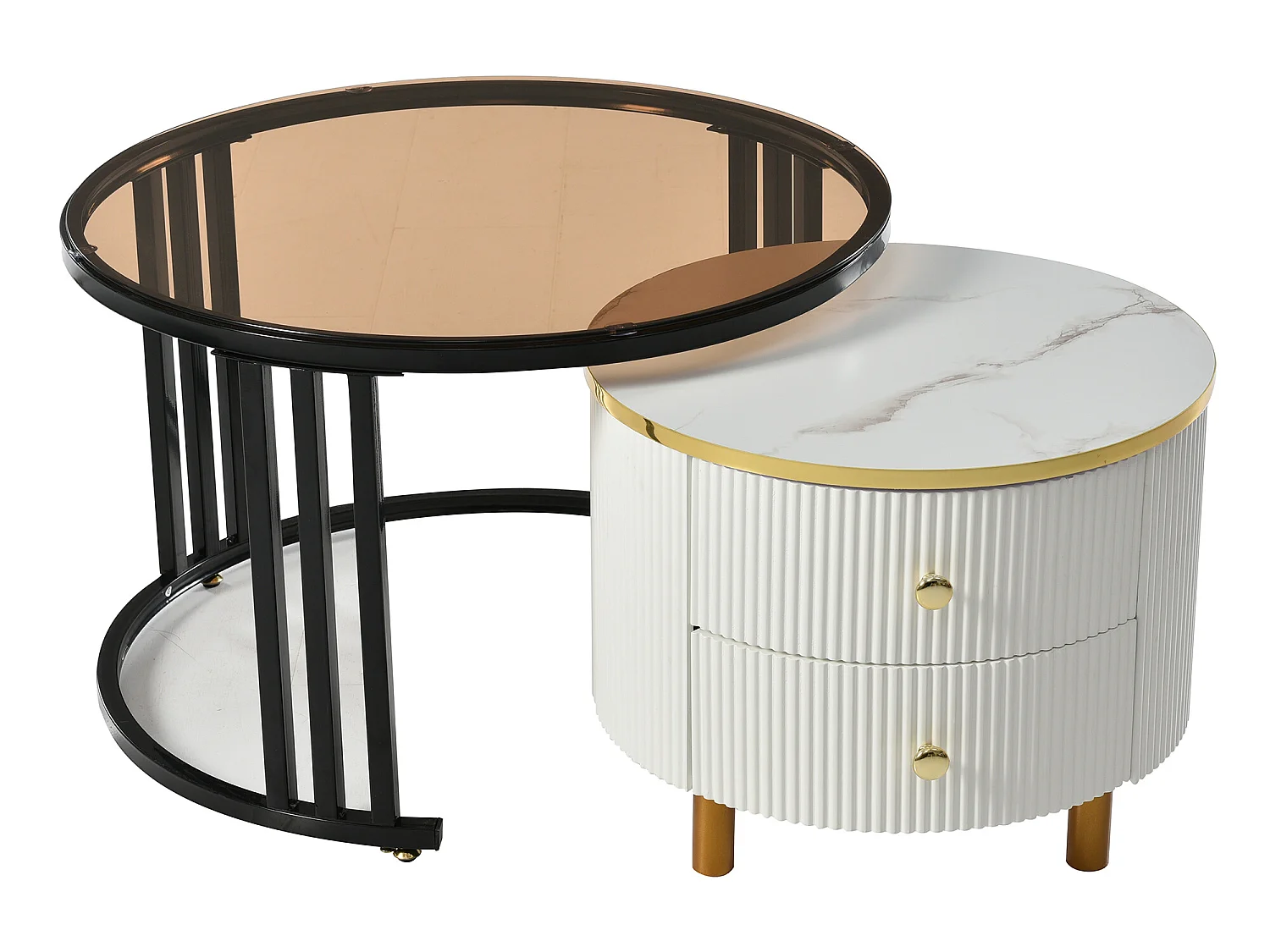 Lot de 2 tables basses gigognes avec 2 tiroirs - plateaux en verre trempé - Doré & Blanc